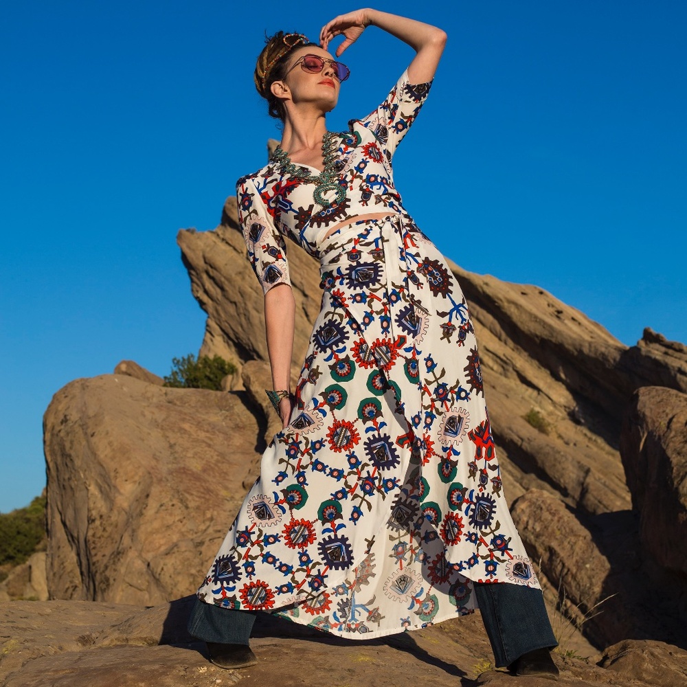 Bohemian Matching Wrap Over Top and Bottom High Slit Maxi Skirt Set, US 0-2